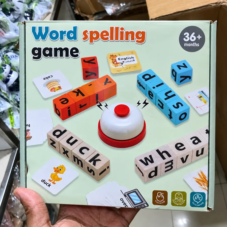 Interactive Word Spelling Game with Desk Bell and Letter Blocks